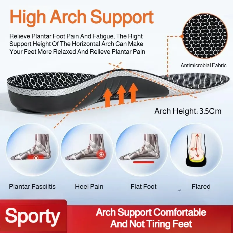 High Arch Support Insoles Sweat Absorbing Shock Absorption Arch-correcting Insoles for Flat Feet Sports Orthopedic Foot Care