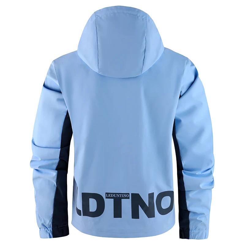 Wasserdichte Herren-Jacke mit Markenbeschriftung und Farbblock-Motiv – atmungsaktiv mit mehreren Taschen, vielseitig einsetzbar für Camping, Reisen und Alltag