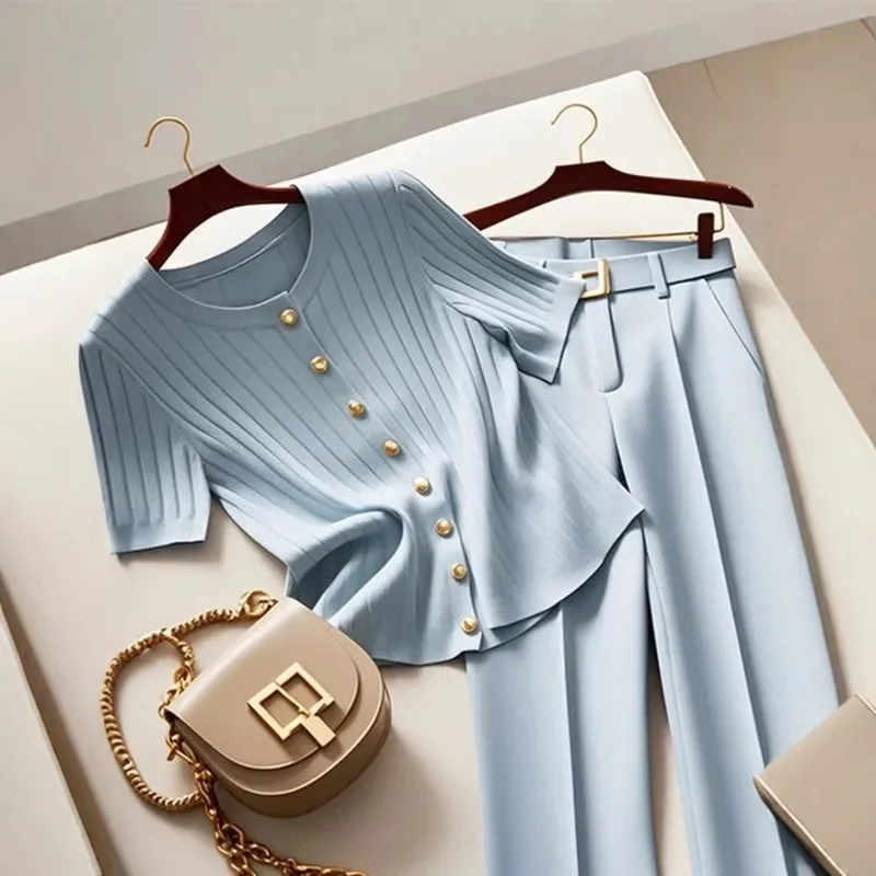 Spring and summer Korean version new fashionable short sleeved T-shirt+micro flared pants two-piece set