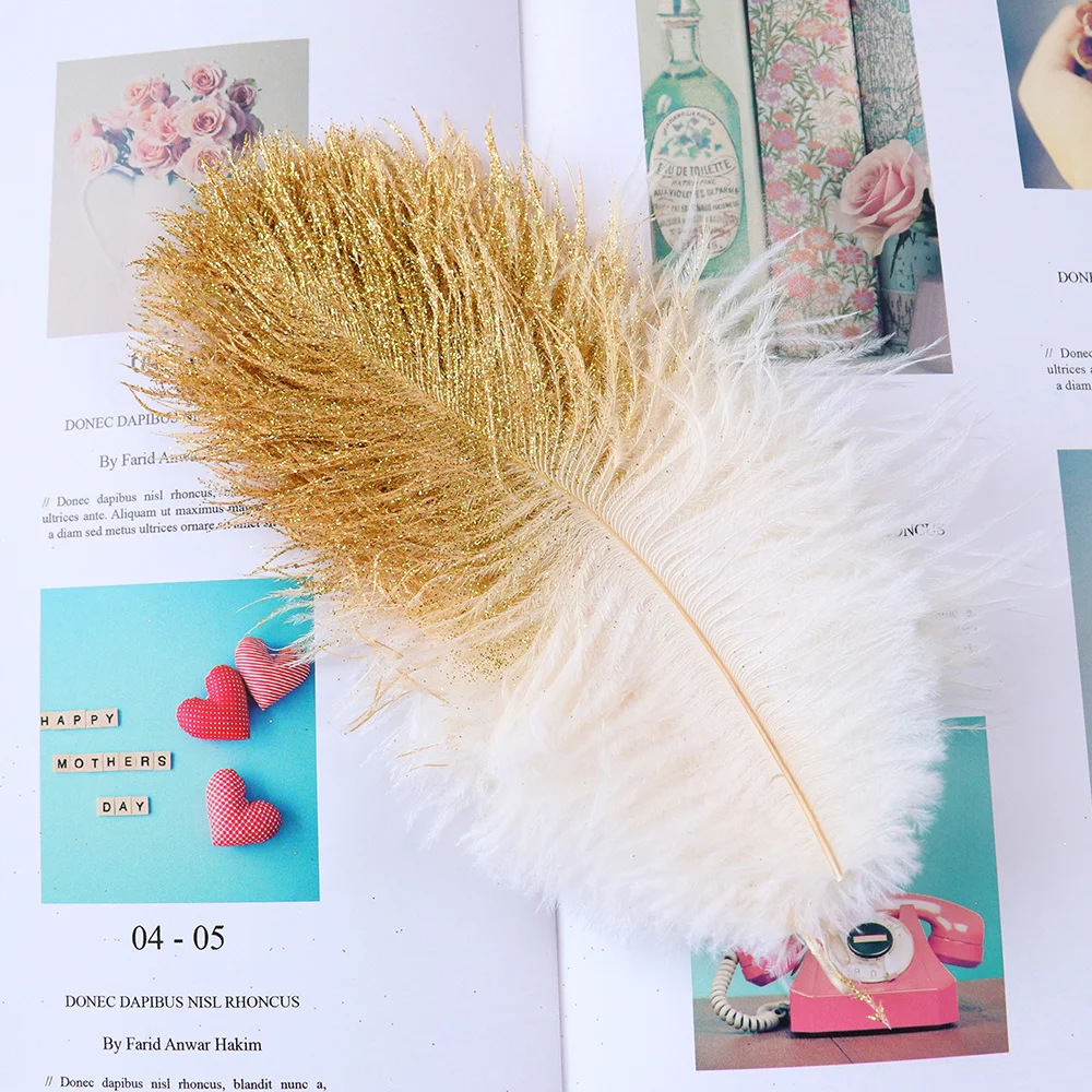 10pcs Glitter Powder Gold Ostrich Feather for Wedding Home Tabletop Decoration White Wstrich Feathers 15-20cm