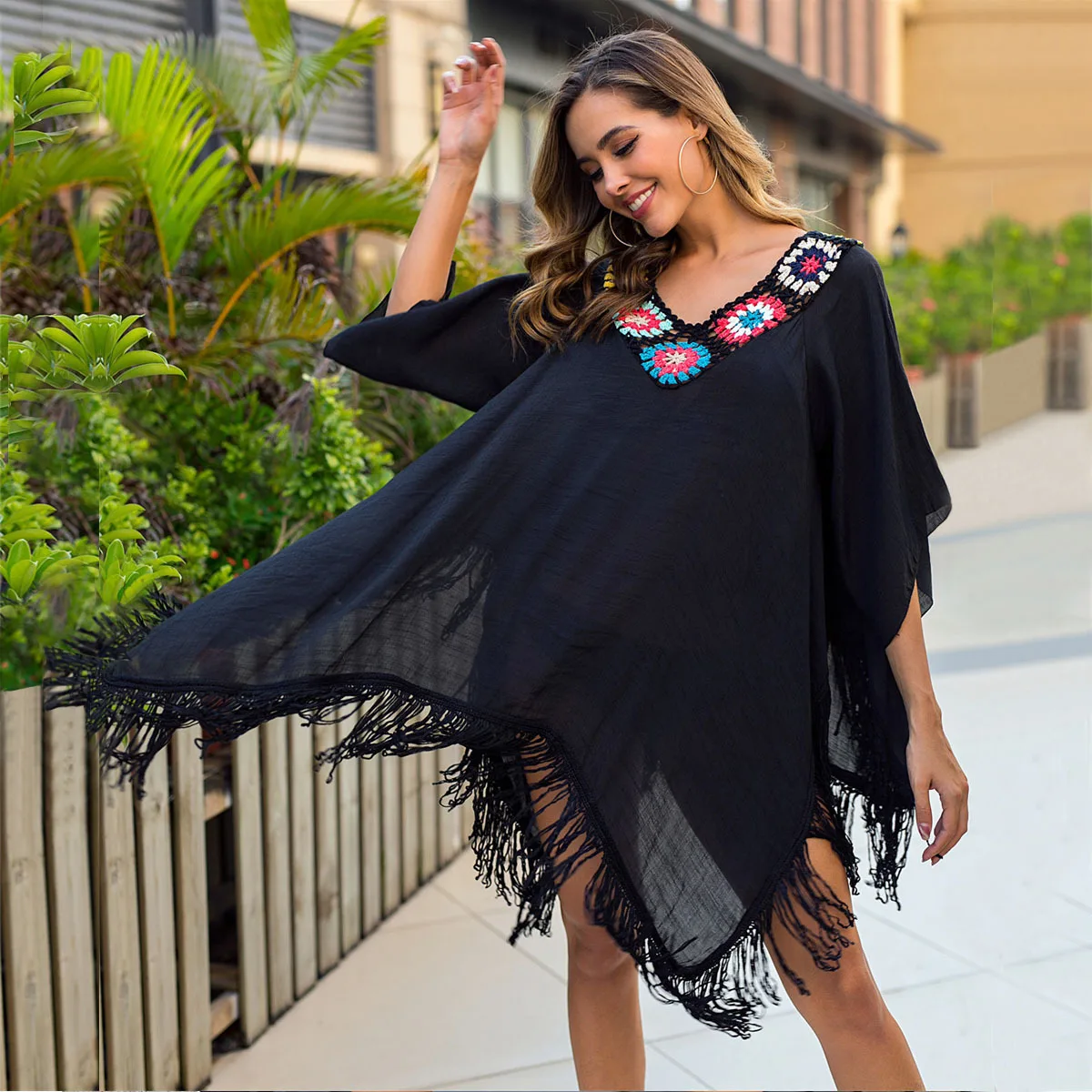 

Вязаный крючком пэчворк ручной работы из места происхождения, новый пляжный чехол с цветным цветком, солнцезащитный костюм с нерегулярной кисточкой