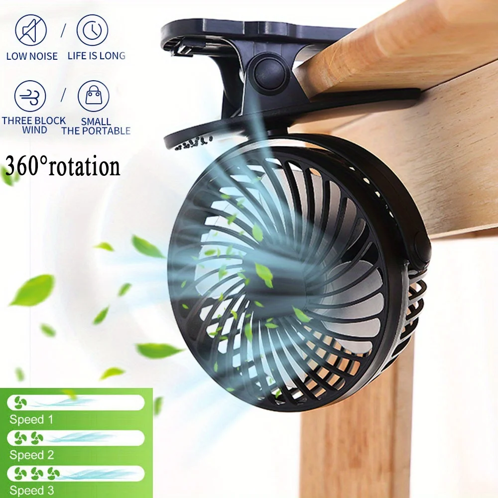 

3-Speed Portable Clip-on USB Fan - Lightweight & Rechargeable, Ideal for Desk & Tabletop, Air Cooling with Quiet Operation, Comp