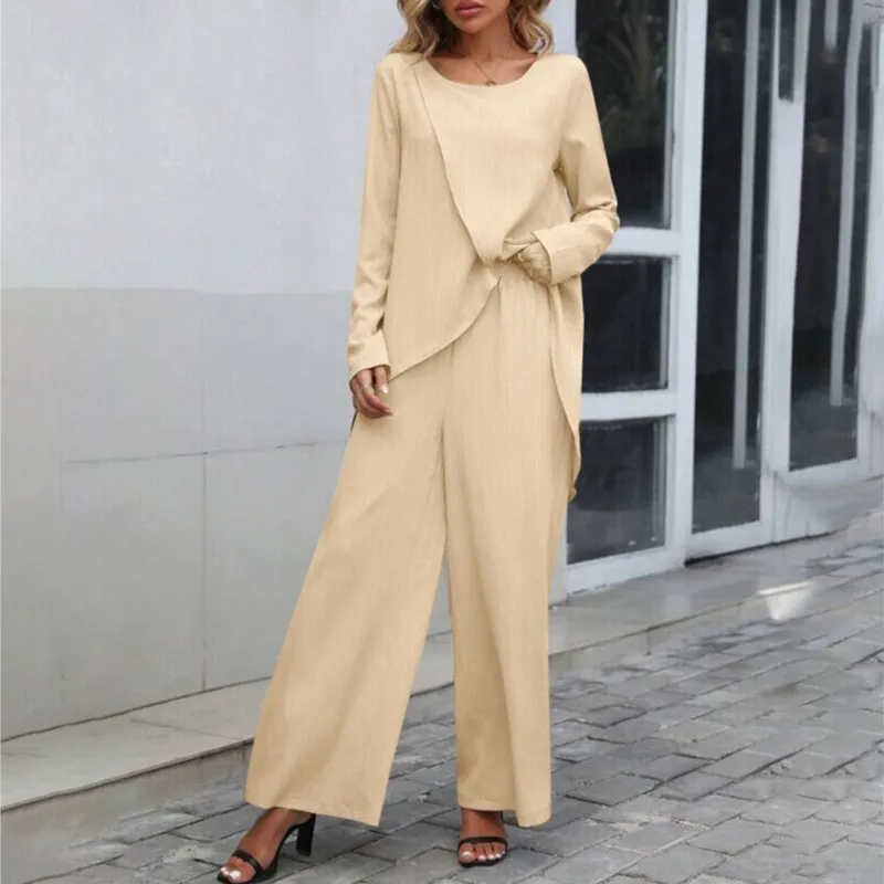 

Irregular Hem Top Elastic Waist Wide Leg Pant Sets Autumn New Arrivals Solid Color Trousers Conjuntos Femininos Elegantes