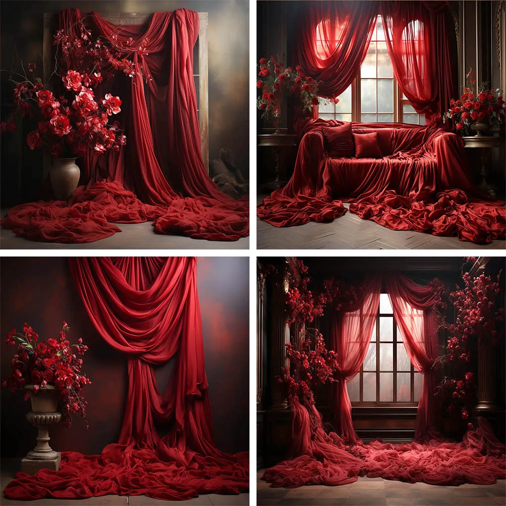 

Mehofond Romantic Red Curtain Photography Backdrop Indoor Window Flower Maternity Baby Shower Engagement Portrait Background