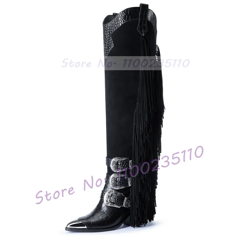 Black Fringes Western Long Boots Women Sexy Metal Pointy Toe Silver Buckles Block Heels Crocodile Splicing Thigh High Boots