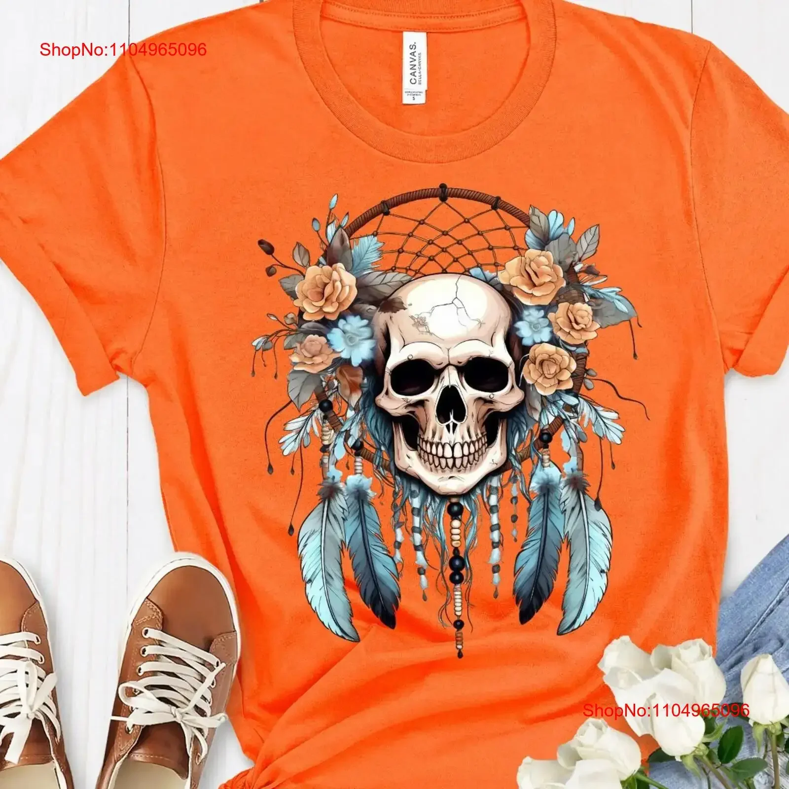 

Boho Skeleton Dreamcatcher Feathers Flowers Skull T Shirt Gothic Hippie Halloween Bohemian for Him Her vintage Washed