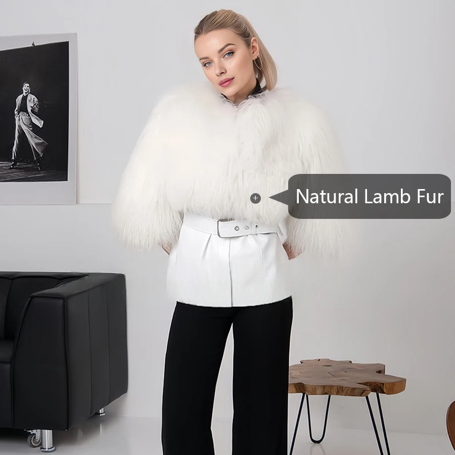 معطف نسائي قصير من جلد الغنم بدون ياقة معطف فرو خروف تبتي أبيض من الصوف الطبيعي سترة منفوخة على الموضة الأكثر مبيعًا