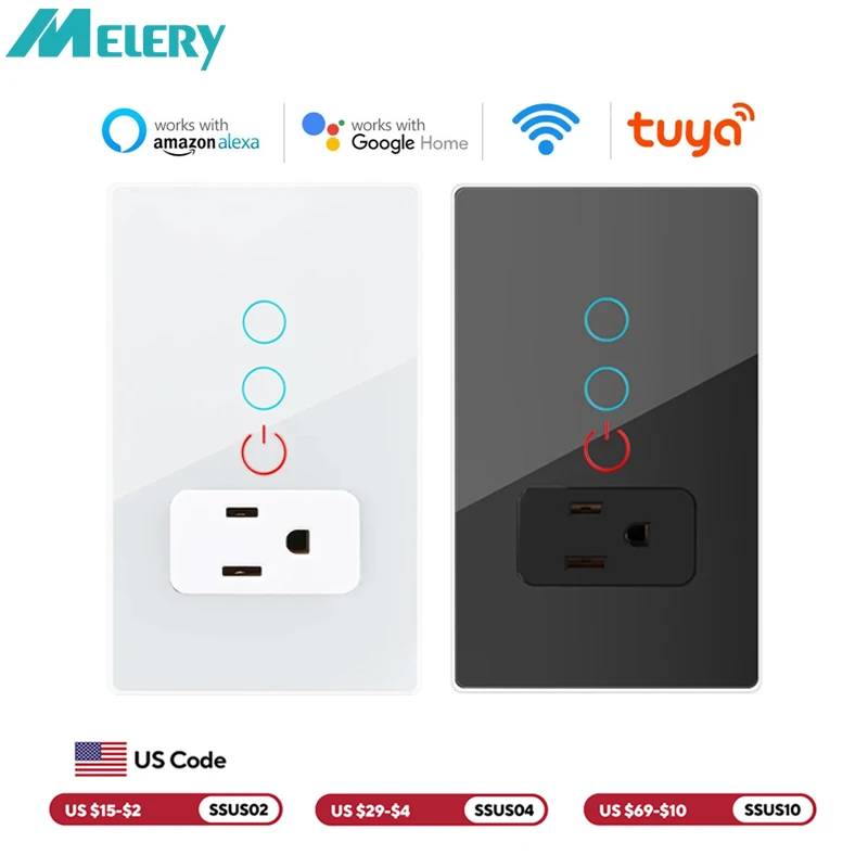 

Melery Mexico Plug Wi-Fi Smart Tuya Выключатель света Интеллектуальная настенная розетка США Сенсорная стеклянная панель Пульт дистанционного управления Alexa Google Home