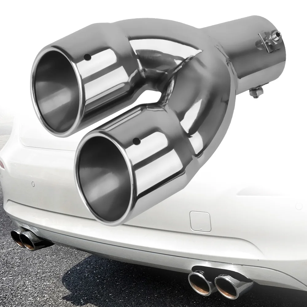 Tail Throat Exhaust Pipe Trim 63mm Car Muffler Universal Stainless Steel Chrome Dual Outlet