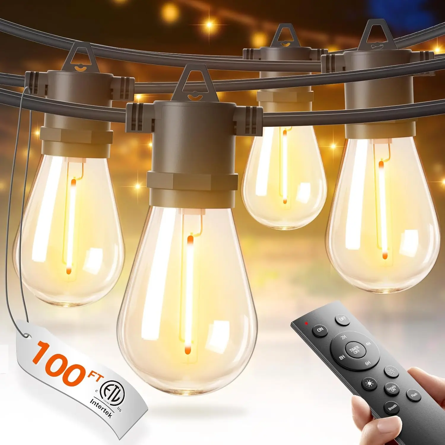 

100FT Outdoor LED String Lights with Shatterproof Bulbs, Weatherproof for Garden or Patio