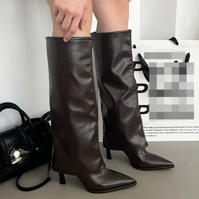 Party Modern Ladies Knee High Boots Pointed Toe  Fashion Pleated Western Women Long Boots Shoes Female Pumps Heels Shoes