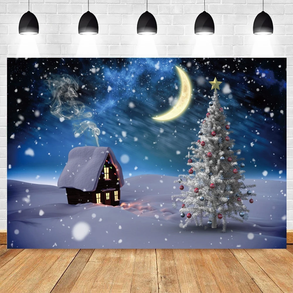 Dark Blue Sky Moon Glitter Star Photography Backdrop Christmas Winter Pine Tree Forest Snow Night Natural Scene Photo Background