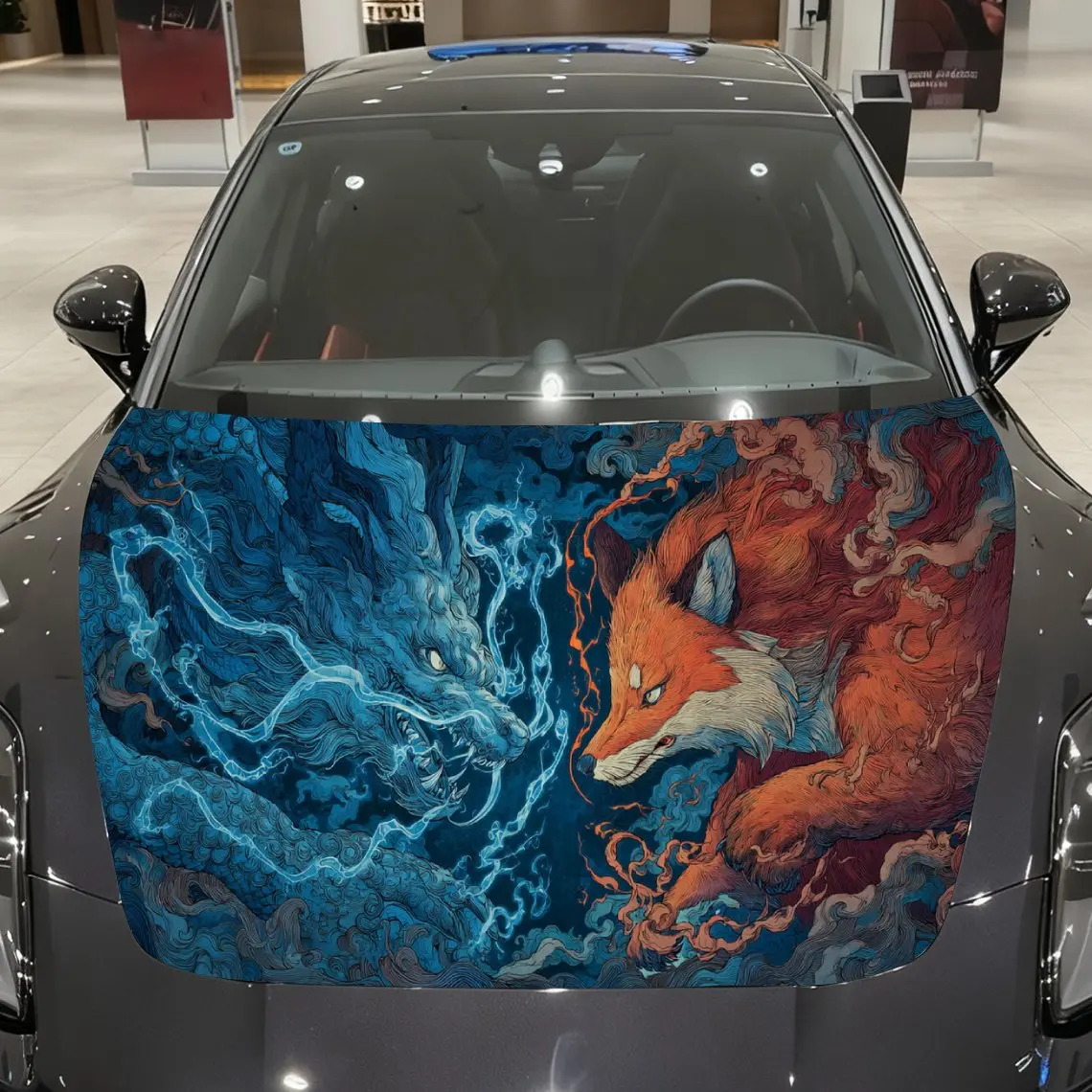 

Japanese Style Blue Dragon and Fire Fox Car Vinyl Wrap, PVC Material Waterproof Car Hood Sticker, Self-Adhesive Scratch-Resistan