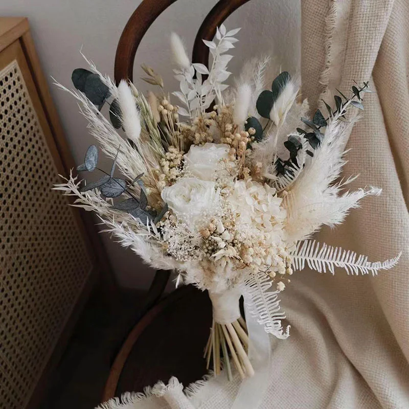 Natural Pampas Grass Dried Flowers Bridal Bouquets Artificial Rose Handmade Romantic Bride Bridesmaid Bouquet Baby Shower Decor