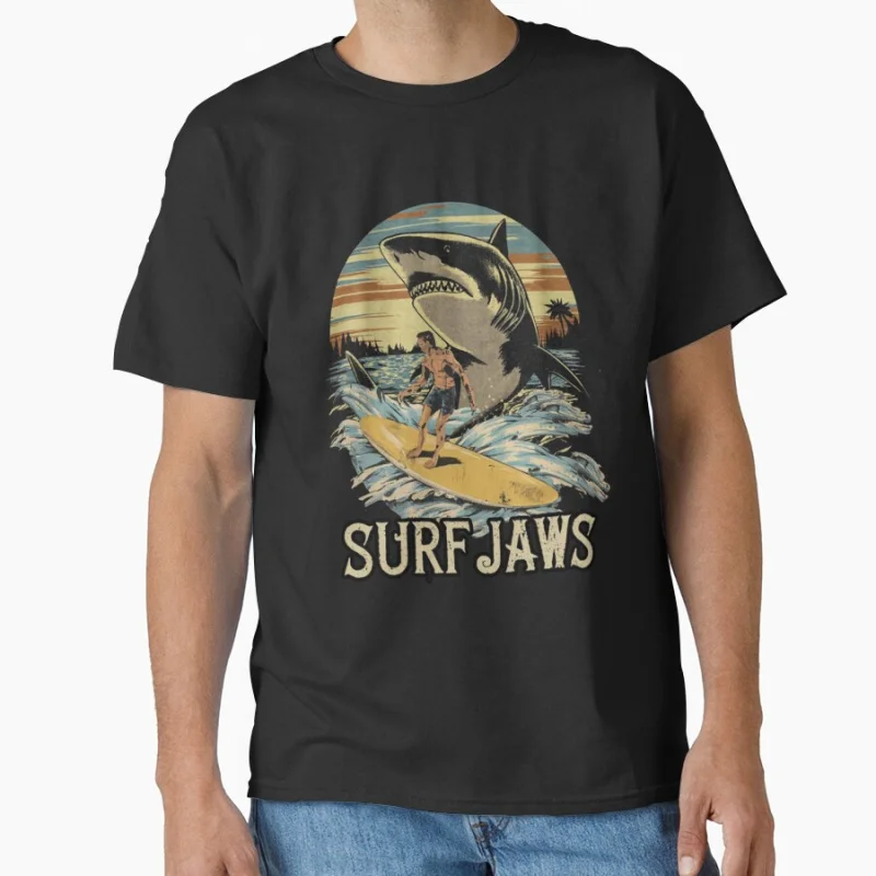 

Surf Jaws Vintage Great White Shark Attack 80s Retro Horro Movie Jaws 50Th Anniversary gift t shirt Large size tops