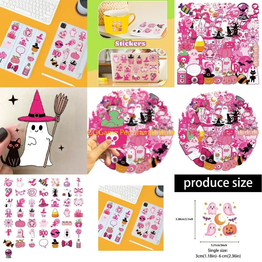 

U55B 50Piece Pet Film Halloweens Stickers Pink Cartoon Theme Removable Adhesive For Gadgets Journals Multiple Purpose Decoration