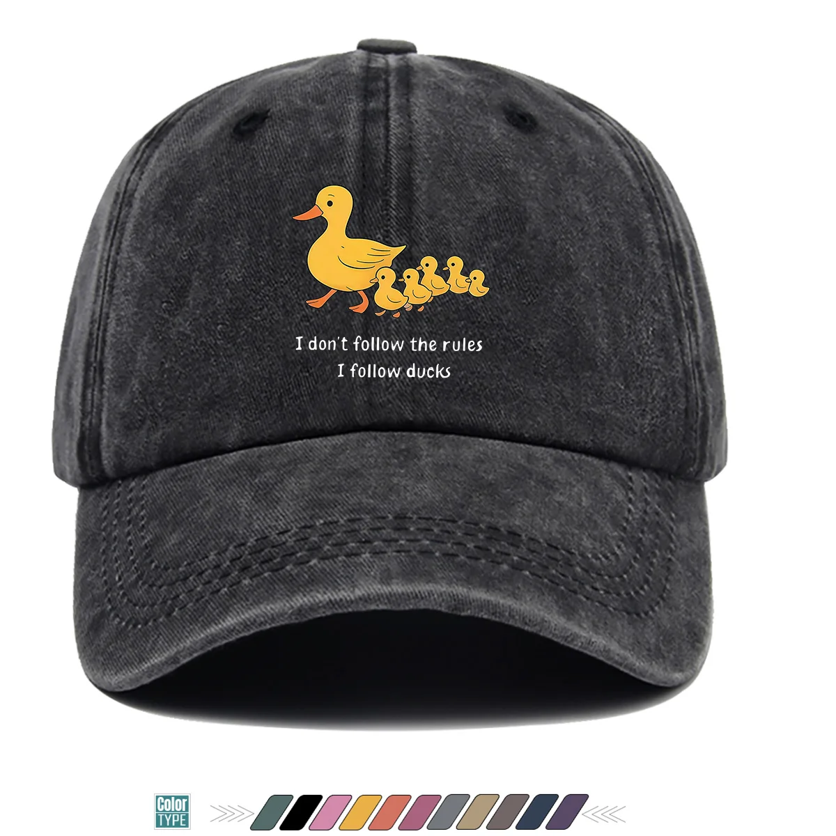 1pc Cartoon Mother Duck with Five Ducklings Print Baseball Cap, Retro Glitch Art Style Striped Background, Funny Slogan 
