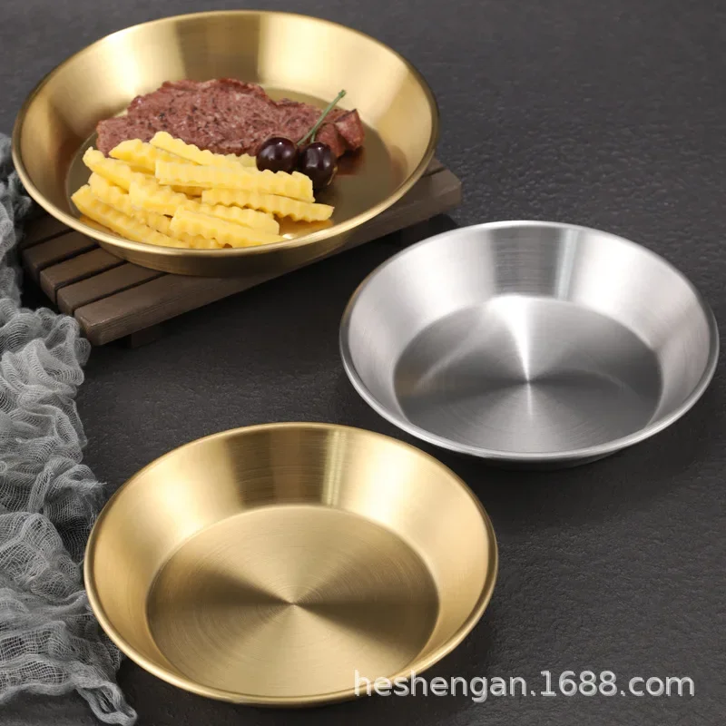 

Thickened and deepened Korean stainless steel pizza plate golden large flat-bottomed pastry buffet round dish plate