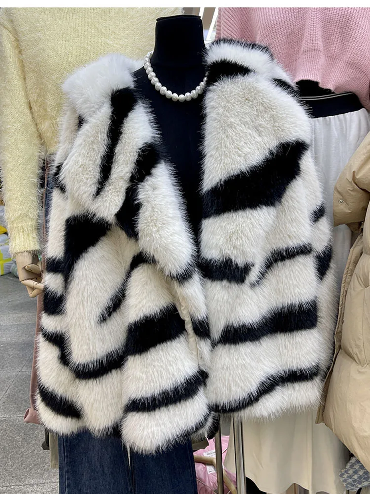 ZADORIN Winter Coats for Women 2024 Luxury Zebra Striped Fluffy Fox Fur Faux Coat Women Lapel Mid Long Oversized Faux Fur Jacket