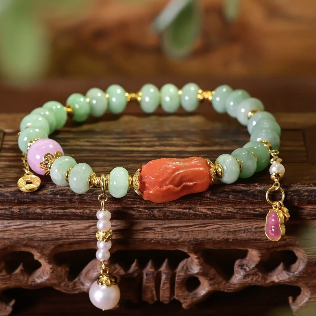 Natural Pea‑Green Jadeite Bracelet,Carved Cabbage Red Agate,Freshwater Pearl,Kunzite,Tourmaline Gourd Pendant,S925 Gold‑Plated