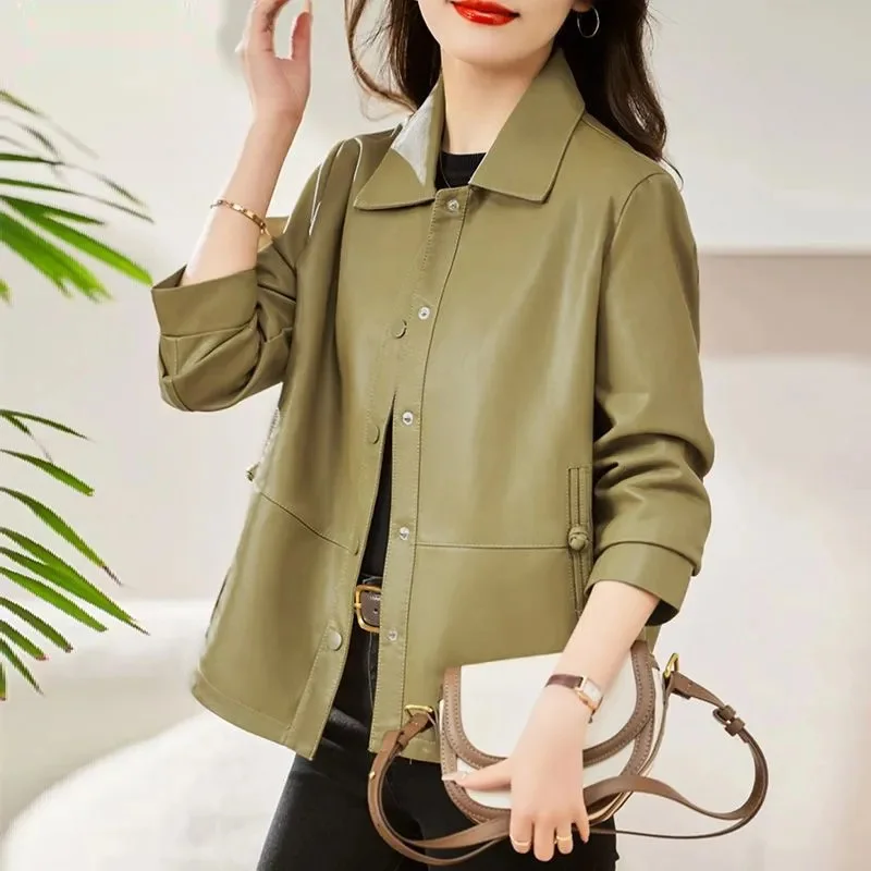 Short Leather Jacket Ladies Spring and Autumn 2024 New Temperament Long Sleeve Fashion Loose Age-reducing Leather Jacket