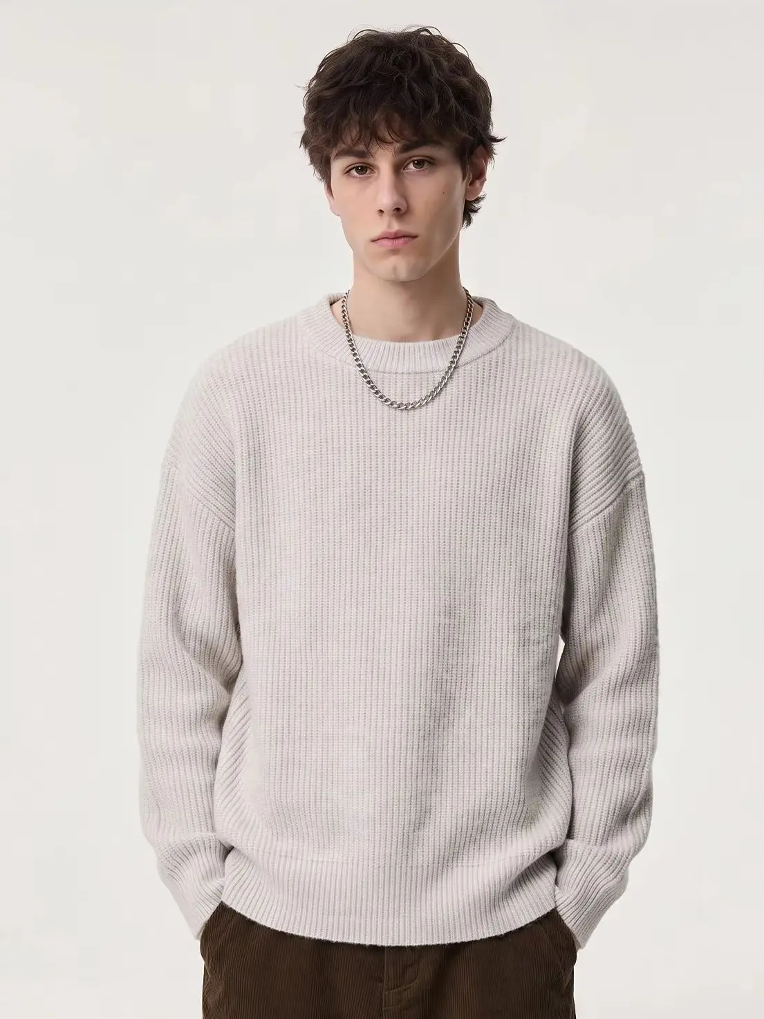 Minimalist Casual Round-Neck Sweater Men's Autumn Winter Textured Retro Versatile Fleece Soft Warm Knit Sweater·