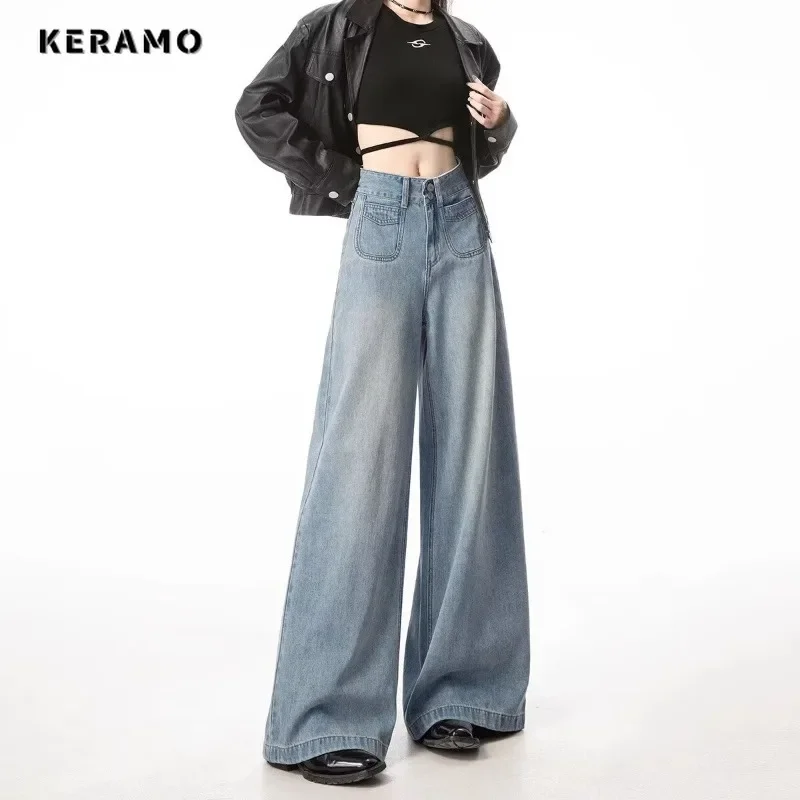 Y2K Wide Leg Blue High Street Washed Denim Trouser American Vintage High Waist Jeans Women's Casual 2000s Straight Emo Pants