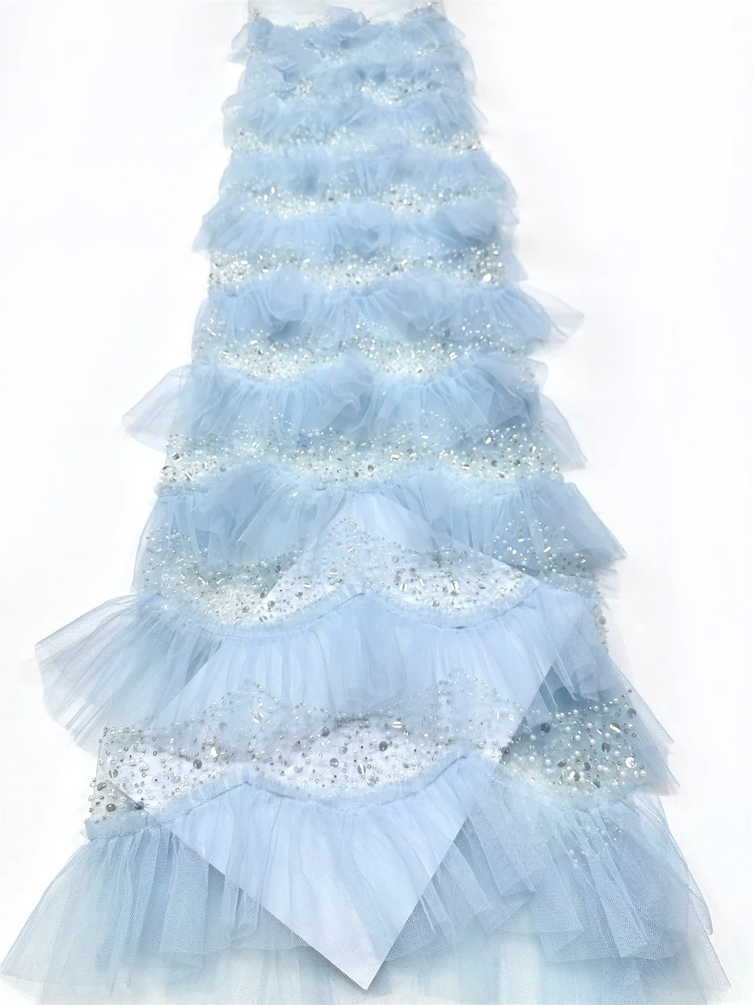 Ruffled Tulle Fabric Hand Sewn Rhinestone Beaded Mesh Lace Material For Wedding Evening Party Tiered Dress