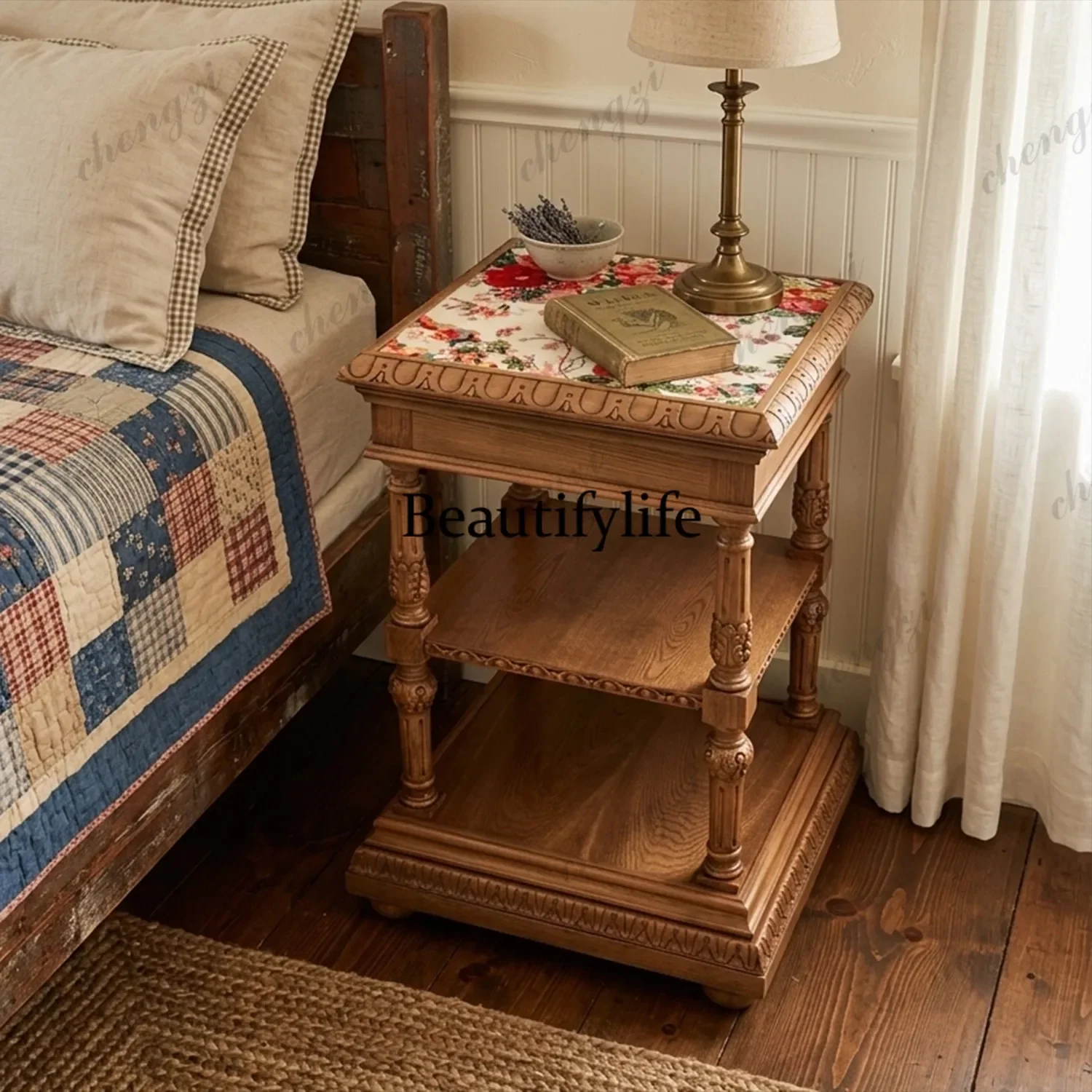 M02 French retro solid wood carving flower bedside table printed countertop bedside table three-layer storage edge table
