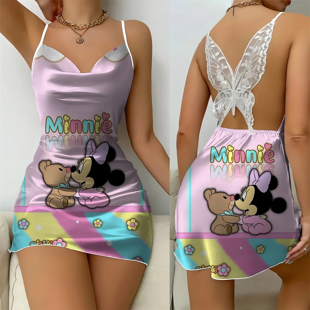 Mouwloze Dames Pyjama Minnie Cartoon Patroon 2024 Zomer Nieuwe Rug Vlinder Uitgesneden Ontwerp Sexy Jarreteljurk Voor Dames