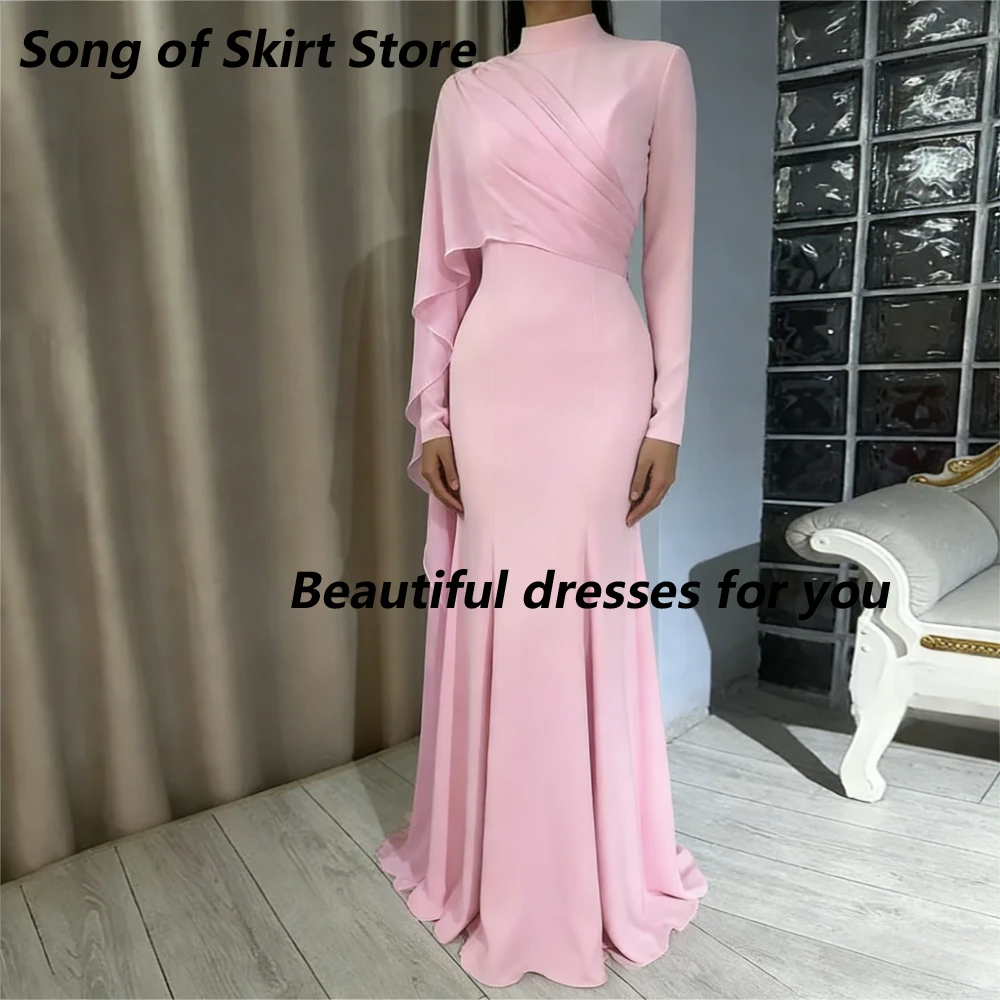

Pink Evening Dress Customized High Neck Long Sleeves Jersey Pleated Mermaid Evening Gown Floor Length Length Party Dress