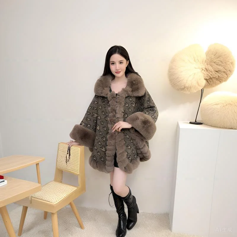 

High Grade Autumn Winter New Imitation Otter Rabbit Fur Collar Jacquard Knitting Cardigan Poncho Lady Capes Coffee Cloaks Wh56