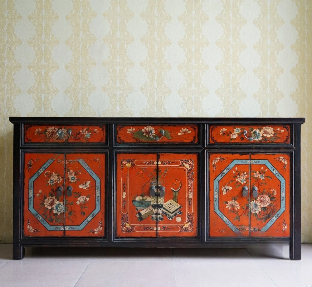 

New Chinese-style painted dining side cabinets Antique furniture Solid wood Old elm hand-painted porch cabinets Decorative livi