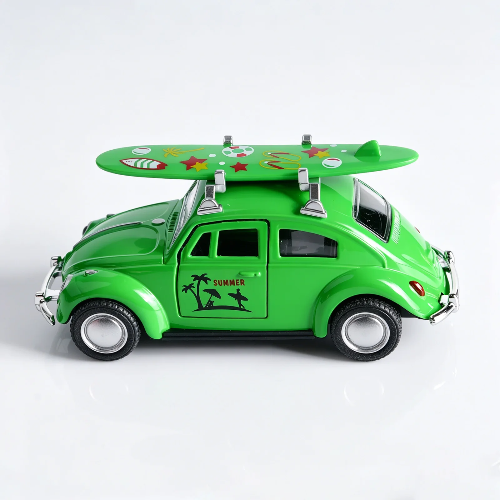 Retro Green Beetle Diecast Car, 1:36 Scale Alloy Pull-Back Model with Surfboard, Open Doors, Summer Beach Toy for Kids view 3