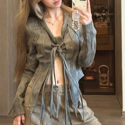 V-neck Lace-up Pleated Gray Irregular Long-sleeved Shirt Women 2024 Spring New Streetwear Sexy Slim Distressed Leather Tops