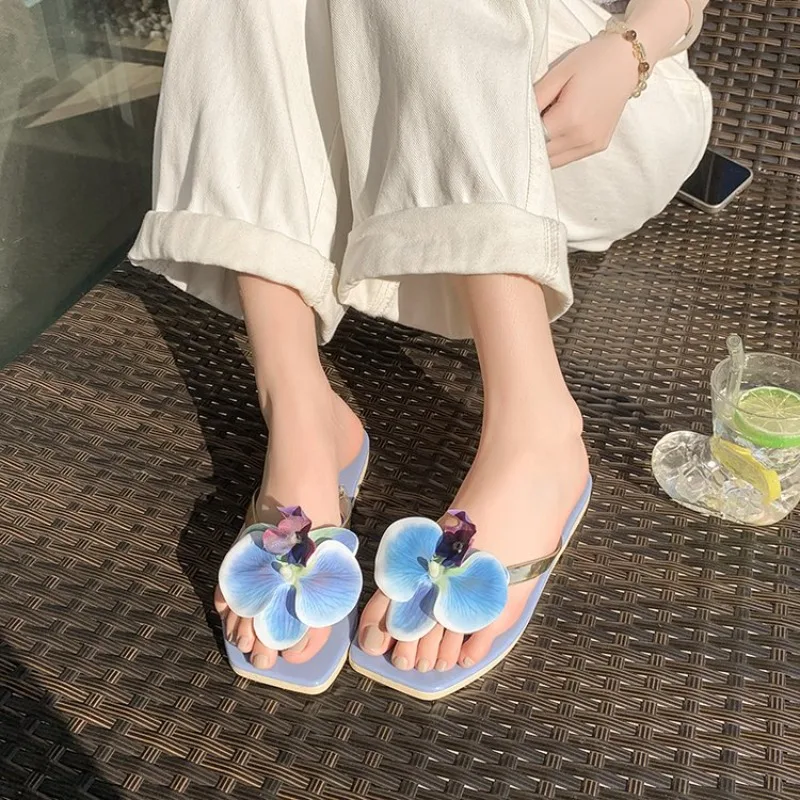 

Summer New Butterfly Orchid Floral Flat Bottom Sandals Women's Holiday Casual Slippers Beach Shoes Comfortable Slides