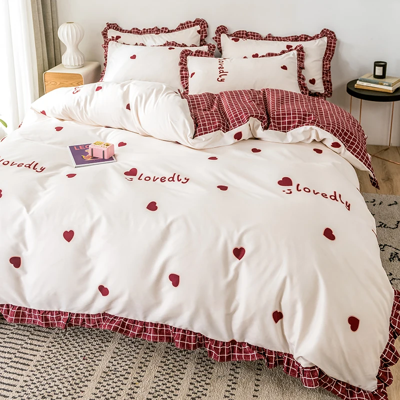 

Four-piece set of pure cotton household plants flower printing dyeing with lotus leaf lace grinding bed quilt cover of bedding