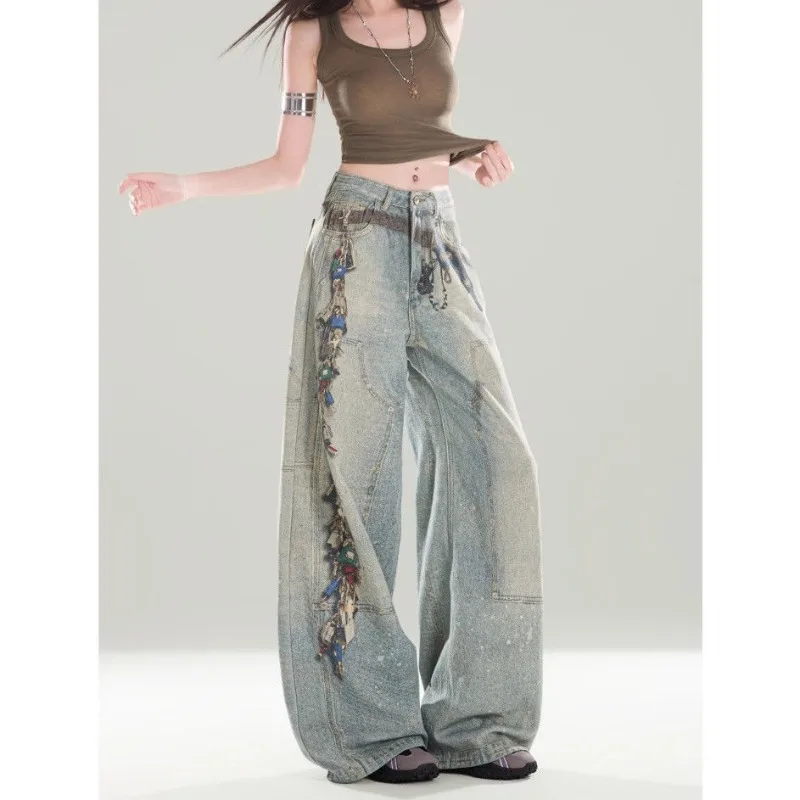 Retro High-waisted Printed Wide-leg Jeans for Women's Loose Straight Tube, Thin and Drape Trousers Youth Fashion Street Hipsters