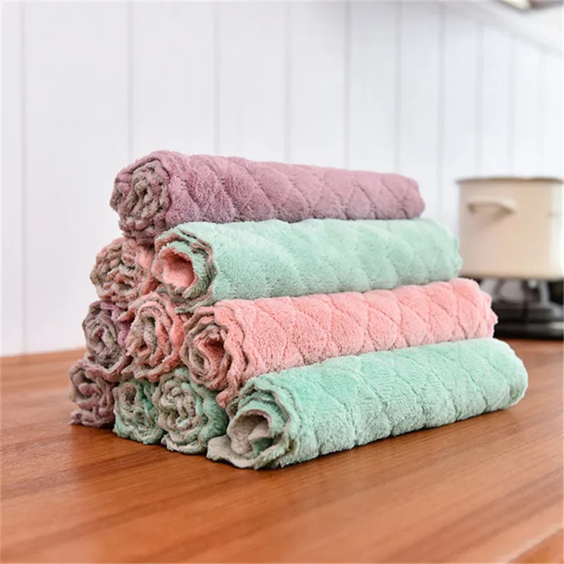 

5Pcs/Set 25x25cm Water Absorbent Kitchen Dishcloth Non-Stick Oil Wipes Scouring Pads Coral Fleece Towel Cleaning Tool
