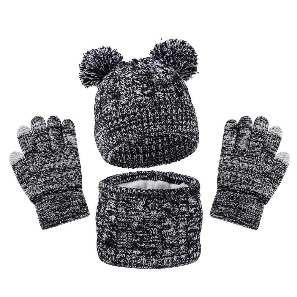 

Soft Cute Pompom Baby Hat Scarf Gloves Set Warm Ears Keep Warm Toddler Knitted Hats with Velvet Thickened Hat Set Outdoor