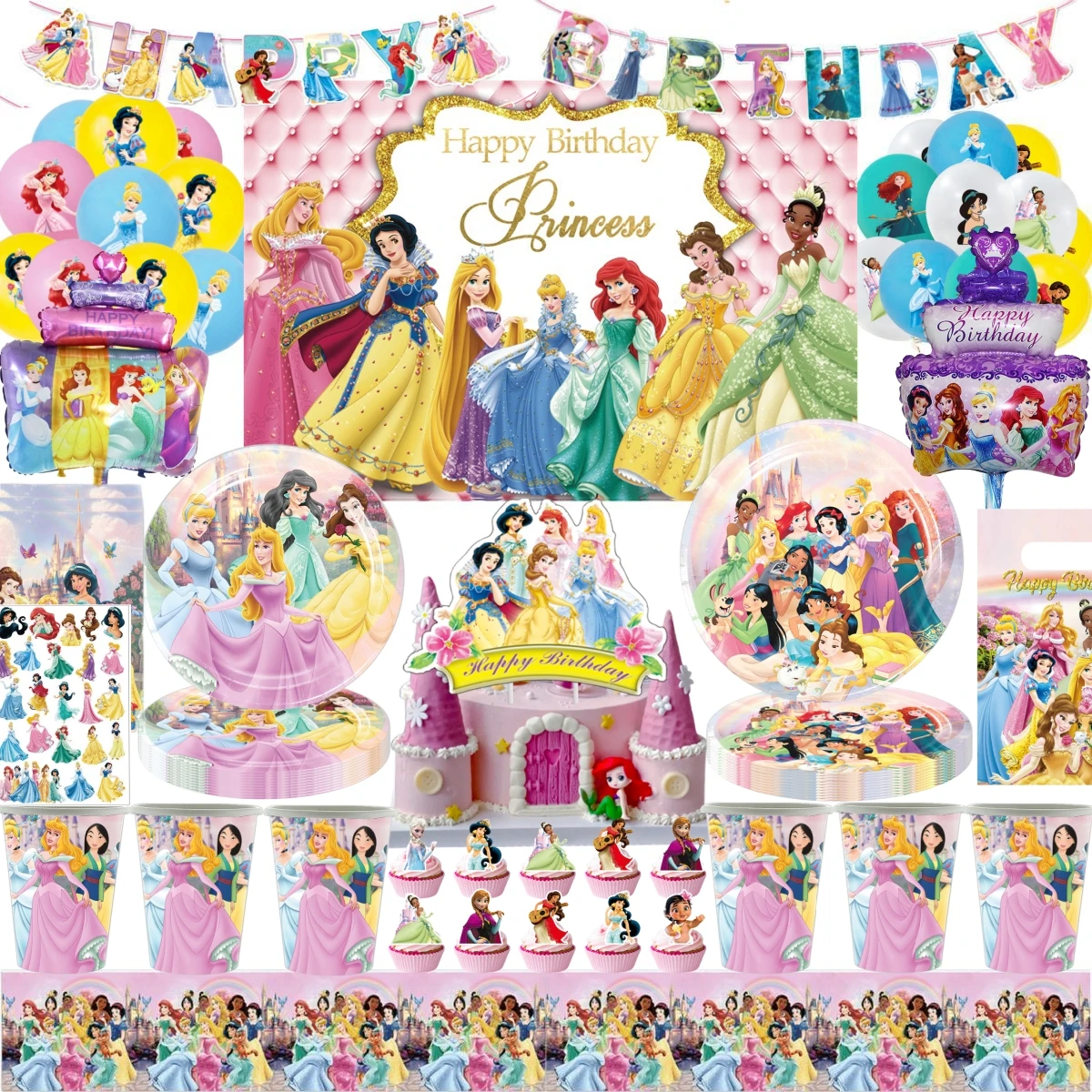 

Disney Princess Happy Girl Birthday Party Decoration Plate Napkin Balloon Banner CakeTopper Tablecloth Baby Shower Party Supplie