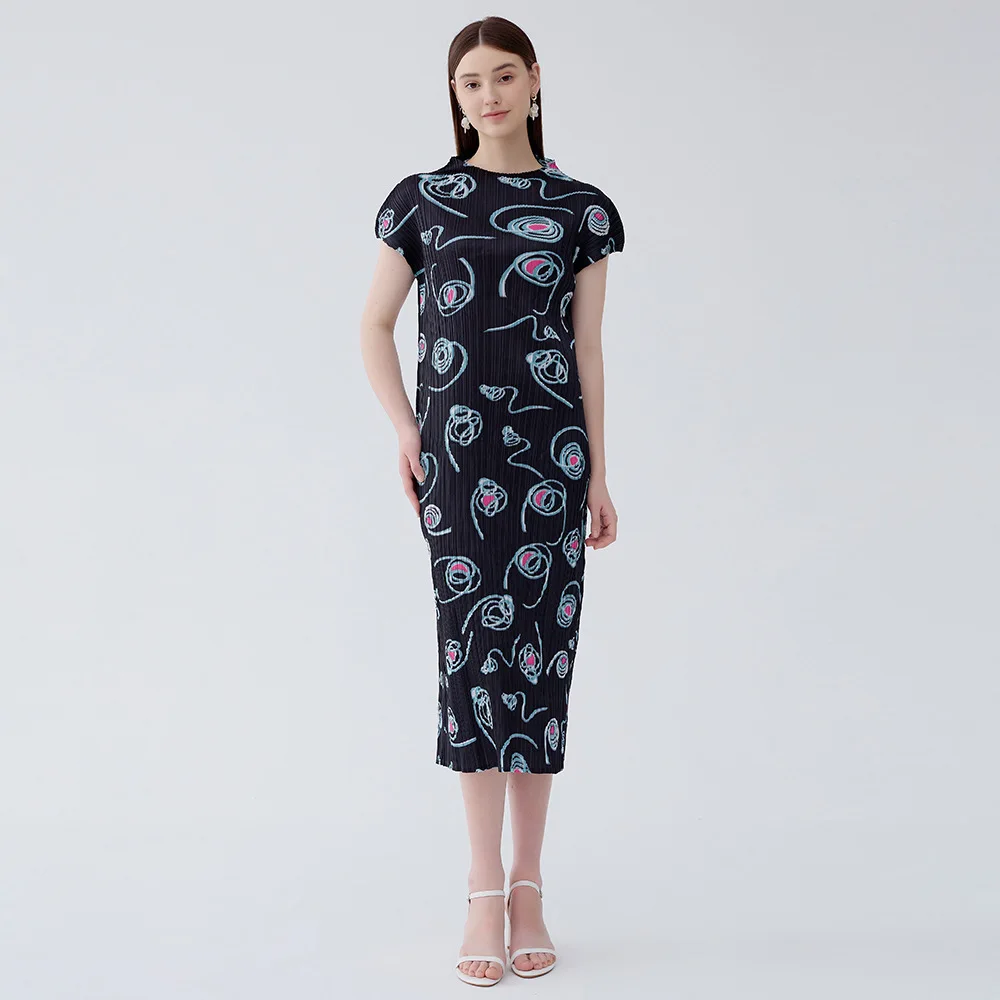 2024 Summer New Miyake Circle Printing Temperament High Waist Dress Slim Pleated Semi-turtleneck A-shaped Skirt   Summer Dress