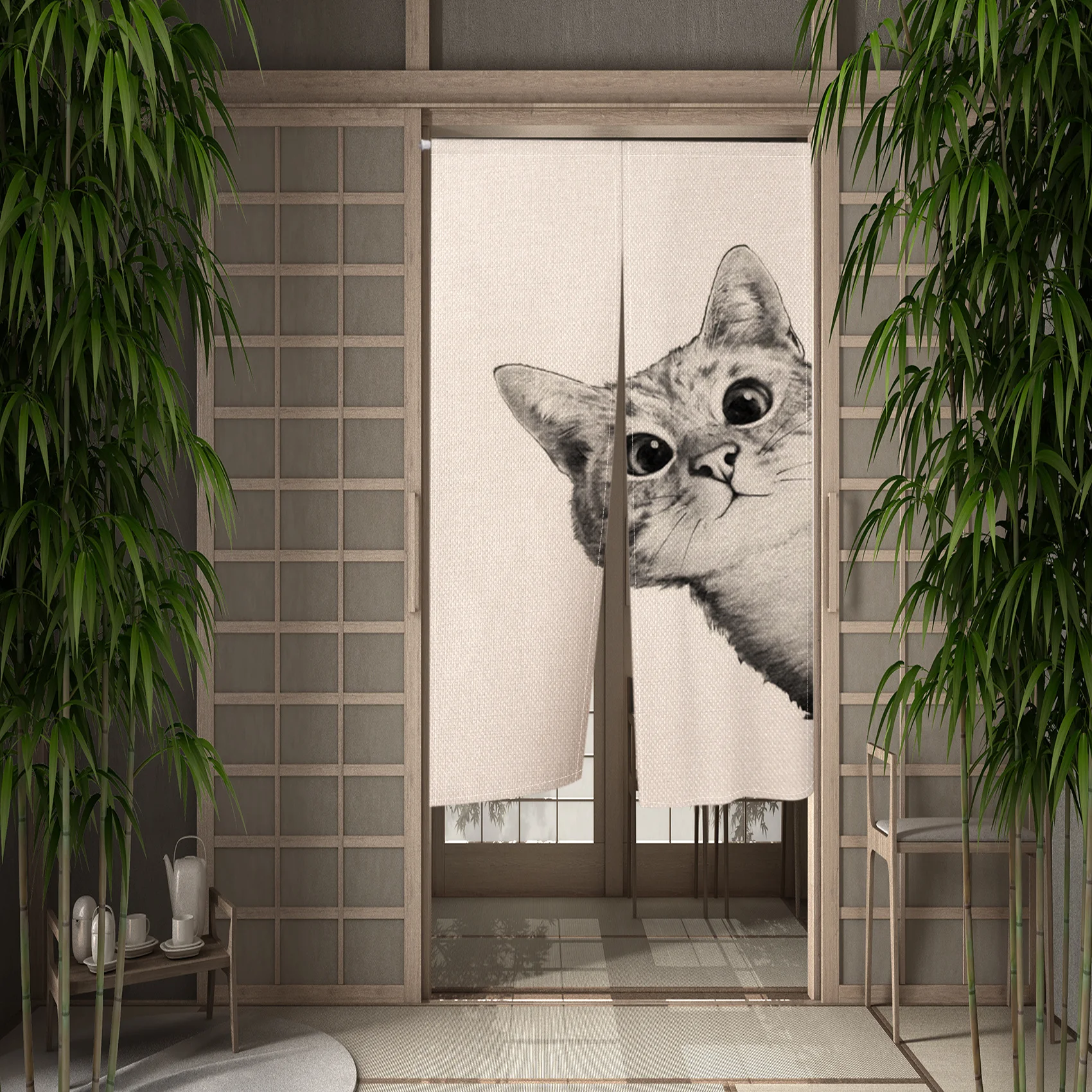 Funny Cute Cat Door Curtain Dining Room Door Decor Curtain Partition Curtain Drape Kitchen Entrance Hanging Half-Curtain Sets