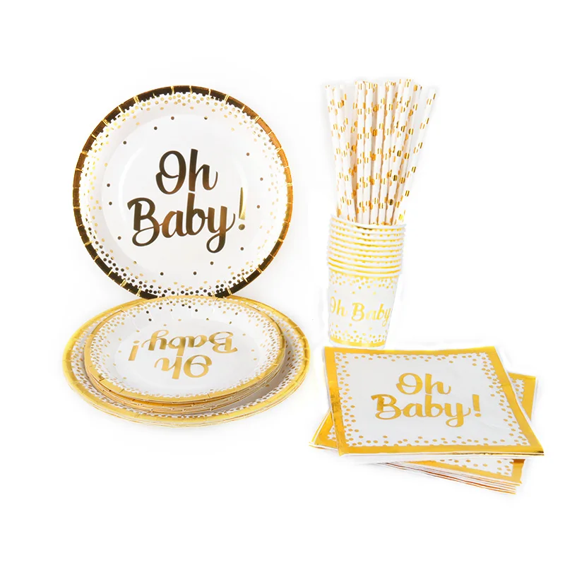 85pcs Oh Baby Gold Dot Disposable Tableware Set Boy Girl Baby Shower Favors Plates Cups Gender Reveal Kids Birthday Party Decor