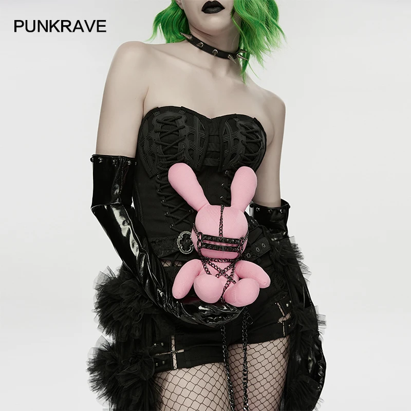 

PUNK RAVE Women's Punk Cotton Filling Rivet Doll High-quality Rebellious Feeling Rabbit Shape Bundling Chains Design Accessory