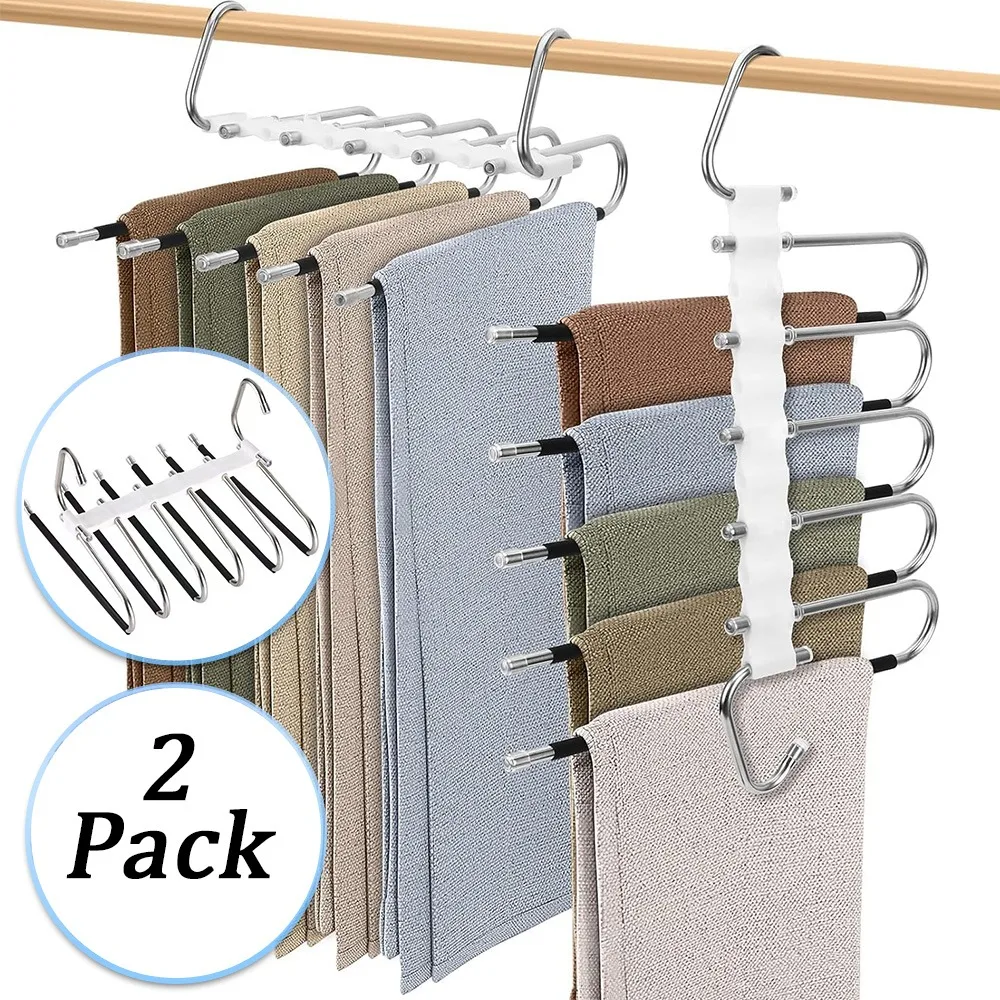 Confezione da 2 appendiabiti salvaspazio per pantaloni, supporto multifunzionale antiscivolo 5 in 1, organizer per pantaloni, jeans, vestiti, sciarpe e asciugamani.