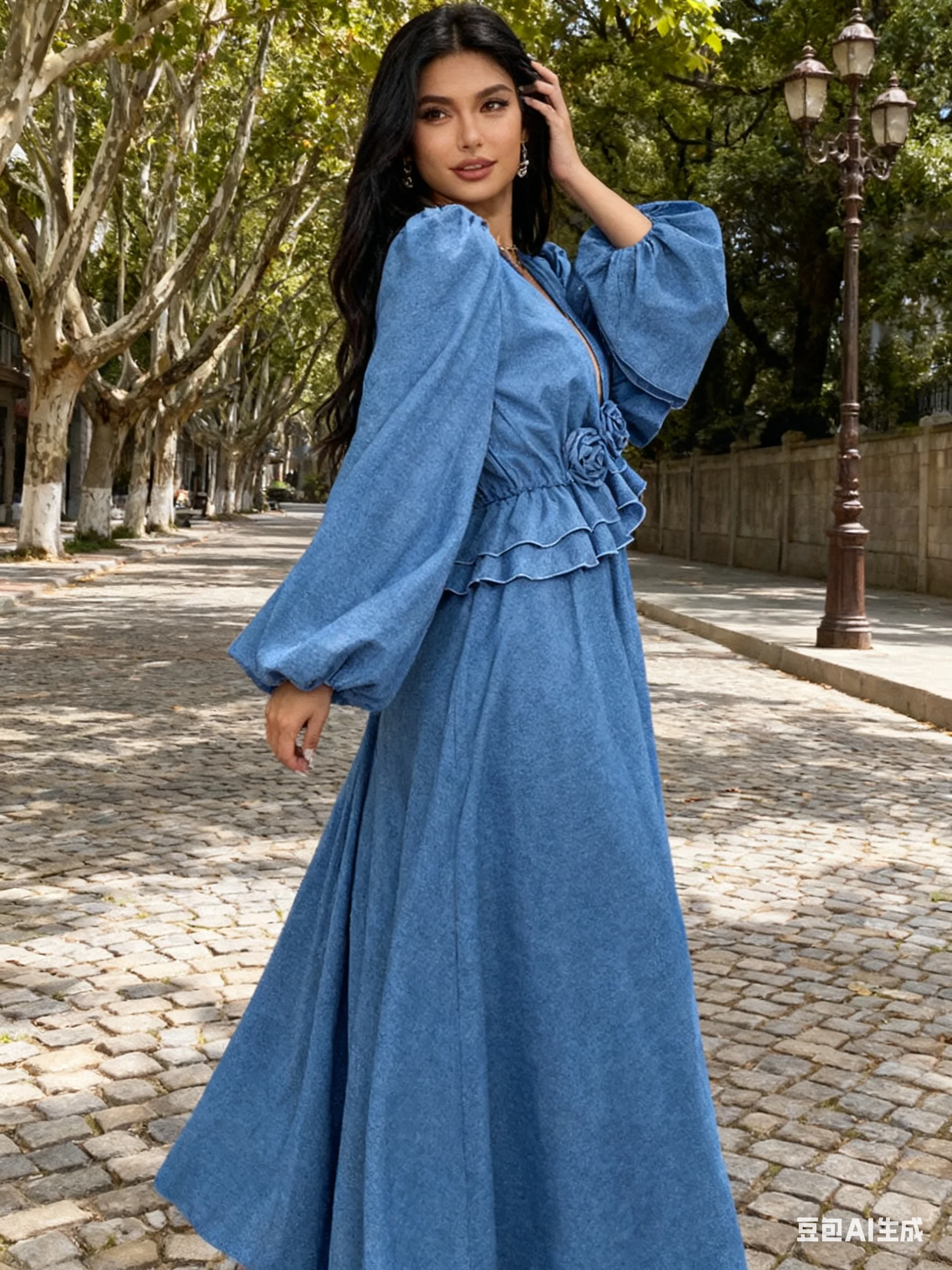 เดรสยาวผู้หญิงฤดูใบไม้ผลิ 2026 ดีไซน์หรูหรา สีฟ้า แขนยาว คอวี ลายดอกไม้ ทรงหลวม สไตล์ลำลอง ไซส์พลัส สำหรับใส่ในชีวิตประจำวัน