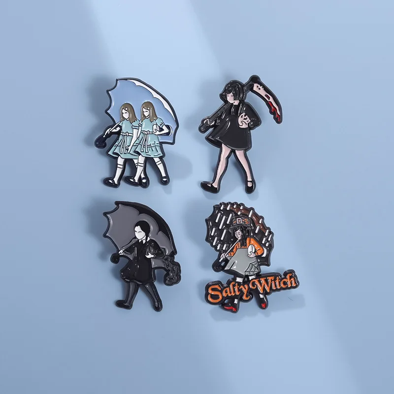 Horror Movie Enamel Pins Salty Witch Girl Holding Umbrella Brooches Lapel Backpack Badges Gothic Jewelry Gift for Fans Wholesale