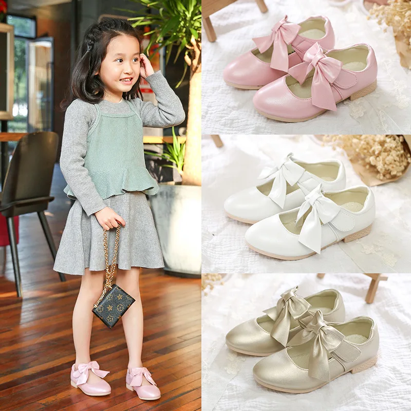 Zapatos de boda para niños, calzado de cuero con lazo para niña, color dorado, rosa y blanco, para primavera y otoño, zapatos planos con flores,