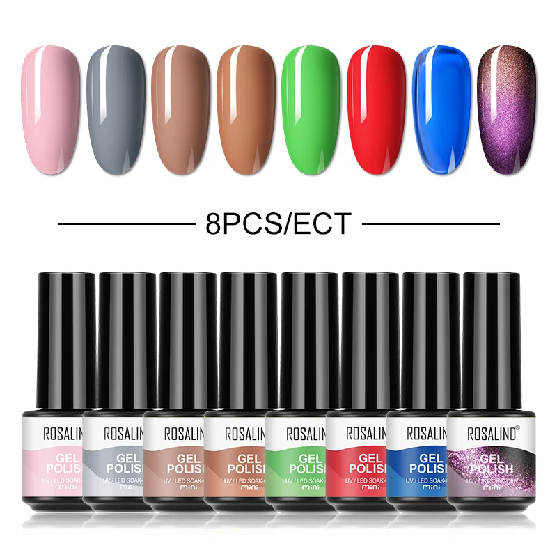 ROSALIND 8PCS smalto per unghie in Gel per unghie-Mini lacca colorata multipla smalto per unghie Semi permanente UV Base ibrida Top Coat Nail Art